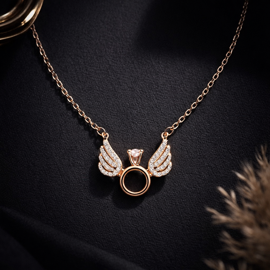 Rose Gold Angel Wings Circle Pendant Necklace