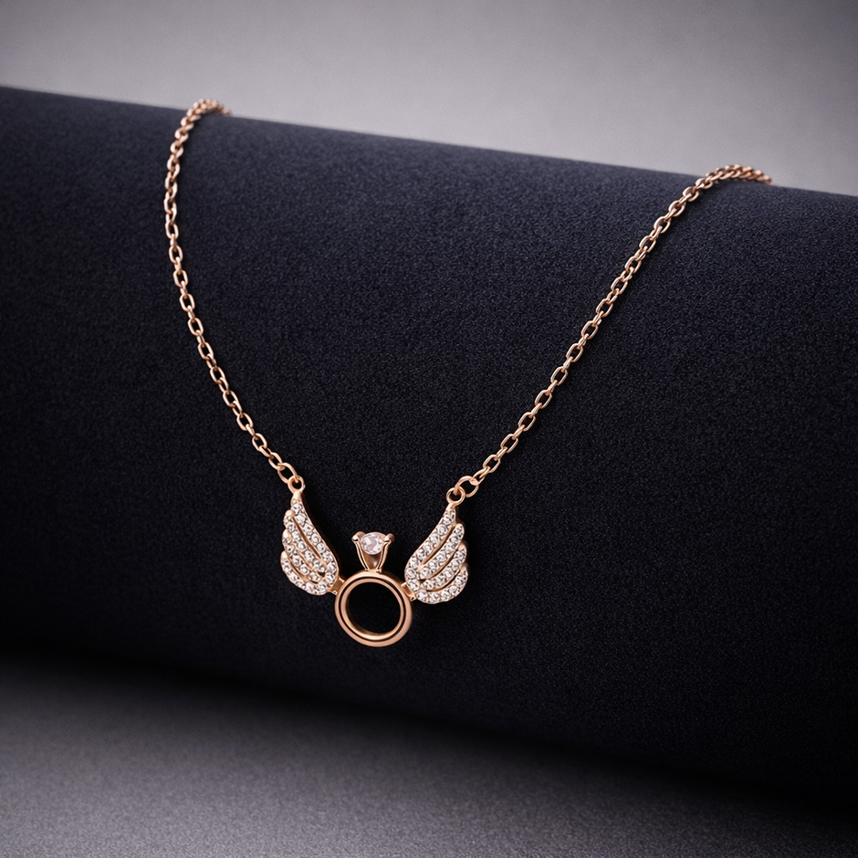 Rose Gold Angel Wings Circle Pendant Necklace