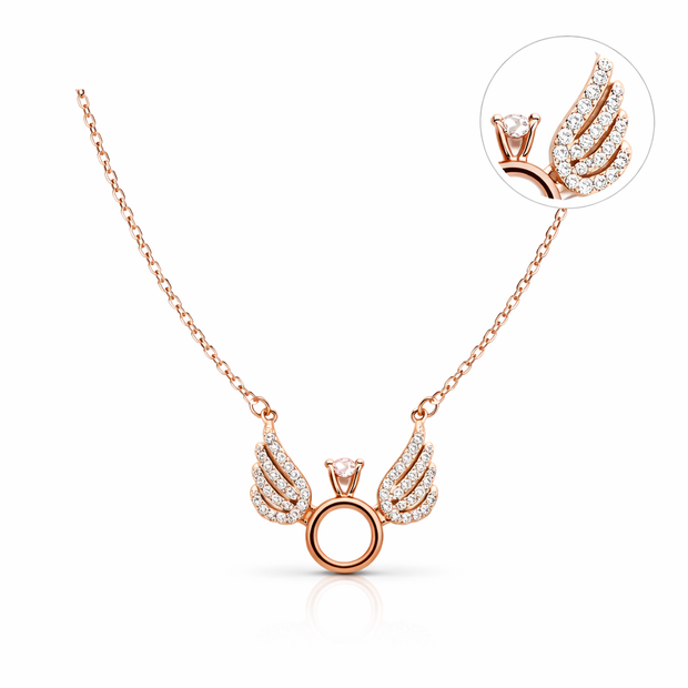 Rose Gold Angel Wings Circle Pendant Necklace
