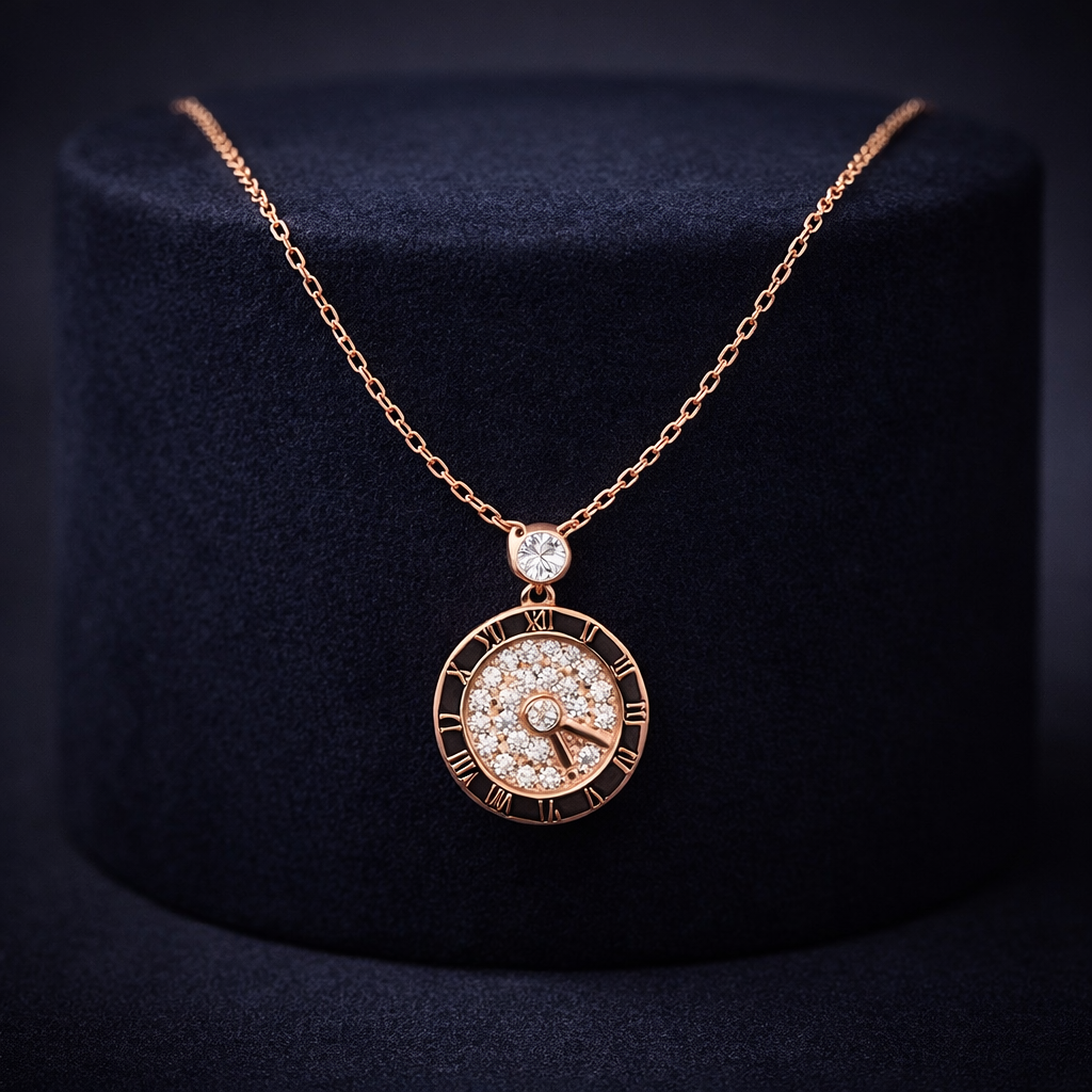Rose Gold Roman Numeral Timepiece Pendant Necklace