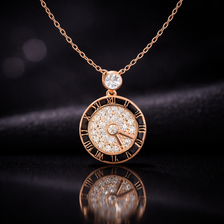 Rose Gold Roman Numeral Timepiece Pendant Necklace