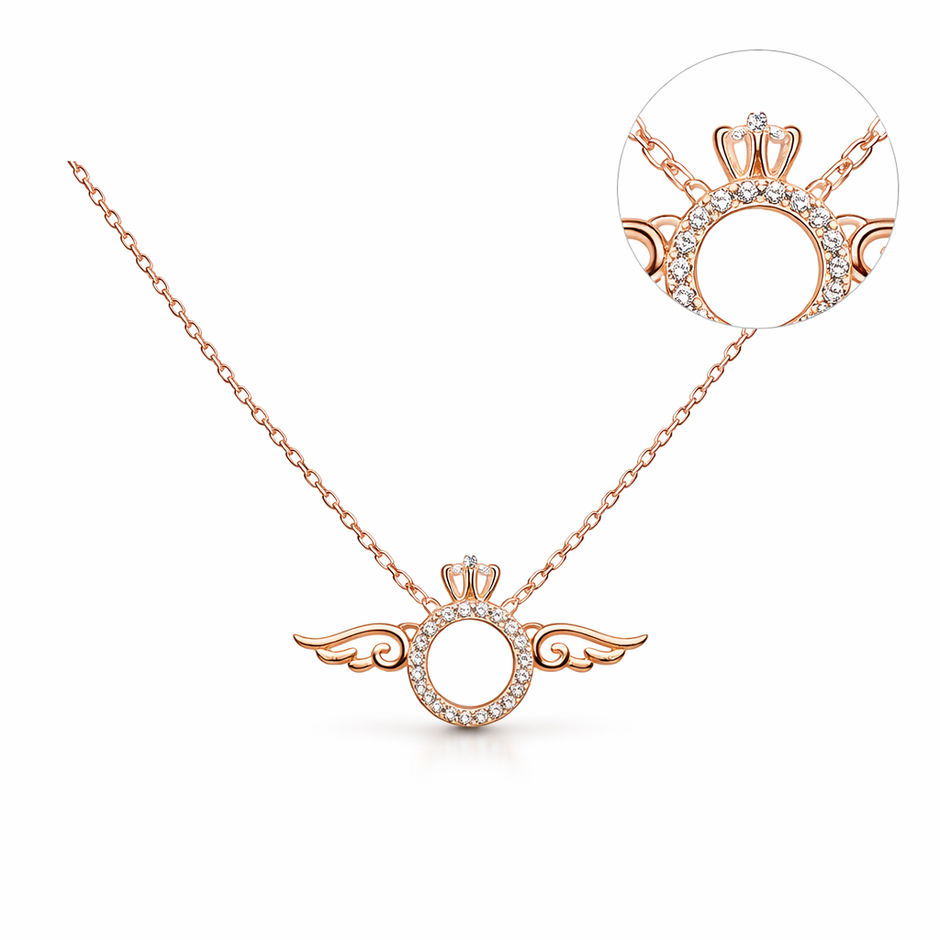 Rose Gold Angel Wing Circle Pendant Necklace