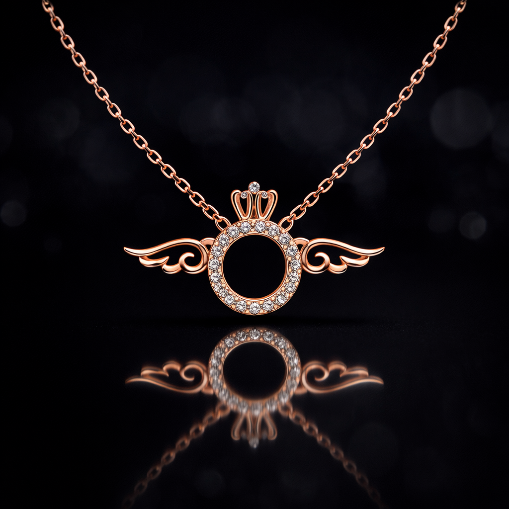 Rose Gold Angel Wing Circle Pendant Necklace