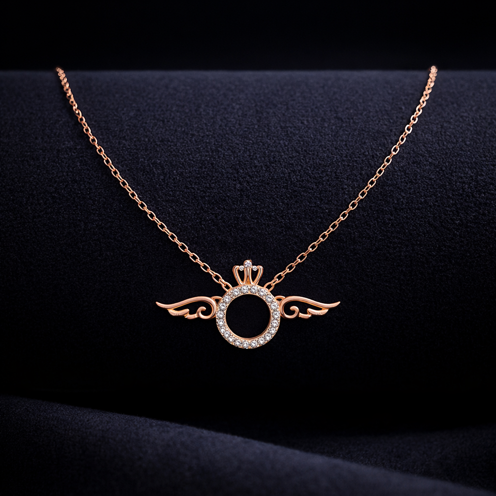 Rose Gold Angel Wing Circle Pendant Necklace