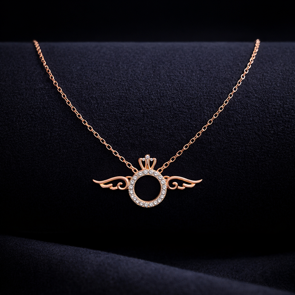 Rose Gold Angel Wing Circle Pendant Necklace
