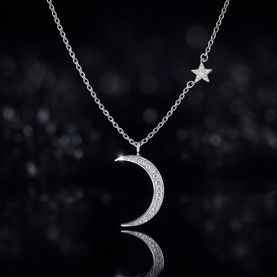 Crescent Moon Pendant Necklace with Star Accent