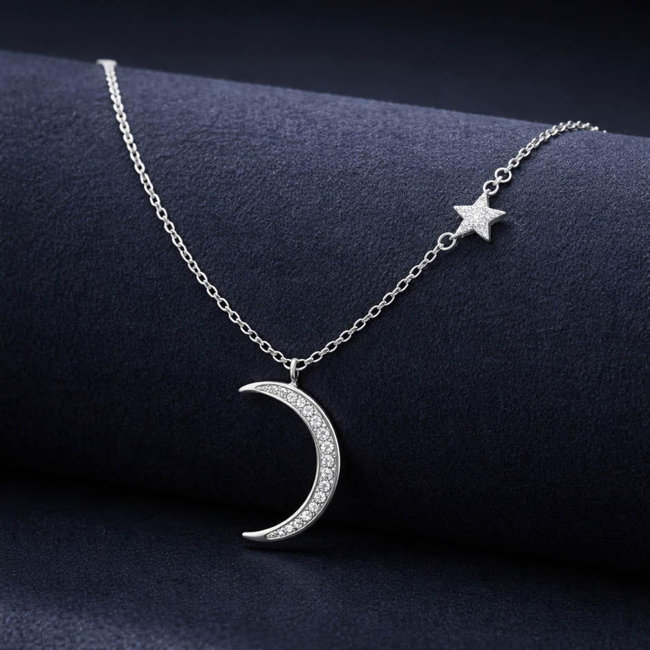 Crescent Moon Pendant Necklace with Star Accent