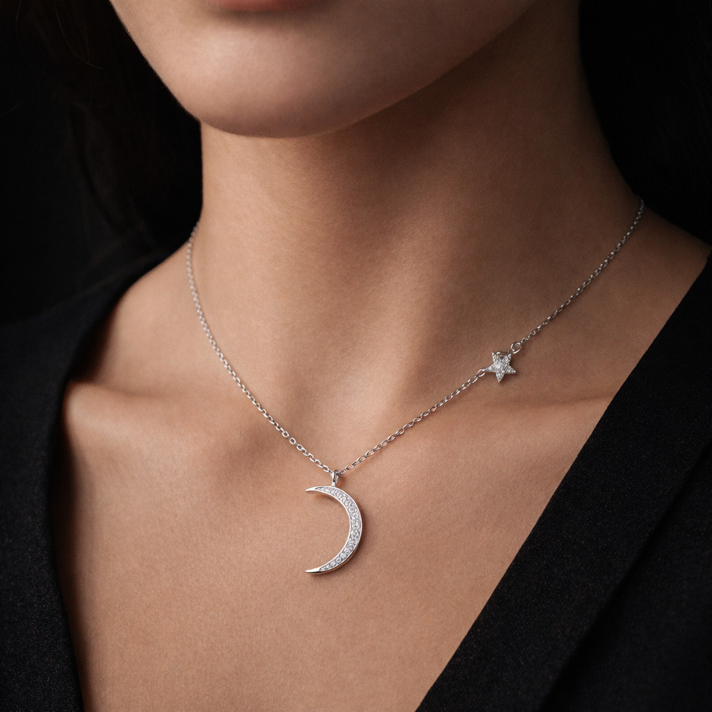 Crescent Moon Pendant Necklace with Star Accent