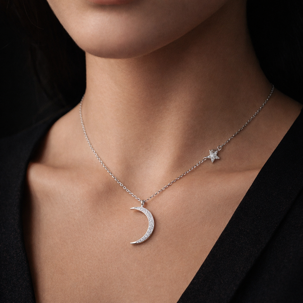 Crescent Moon Pendant Necklace with Star Accent