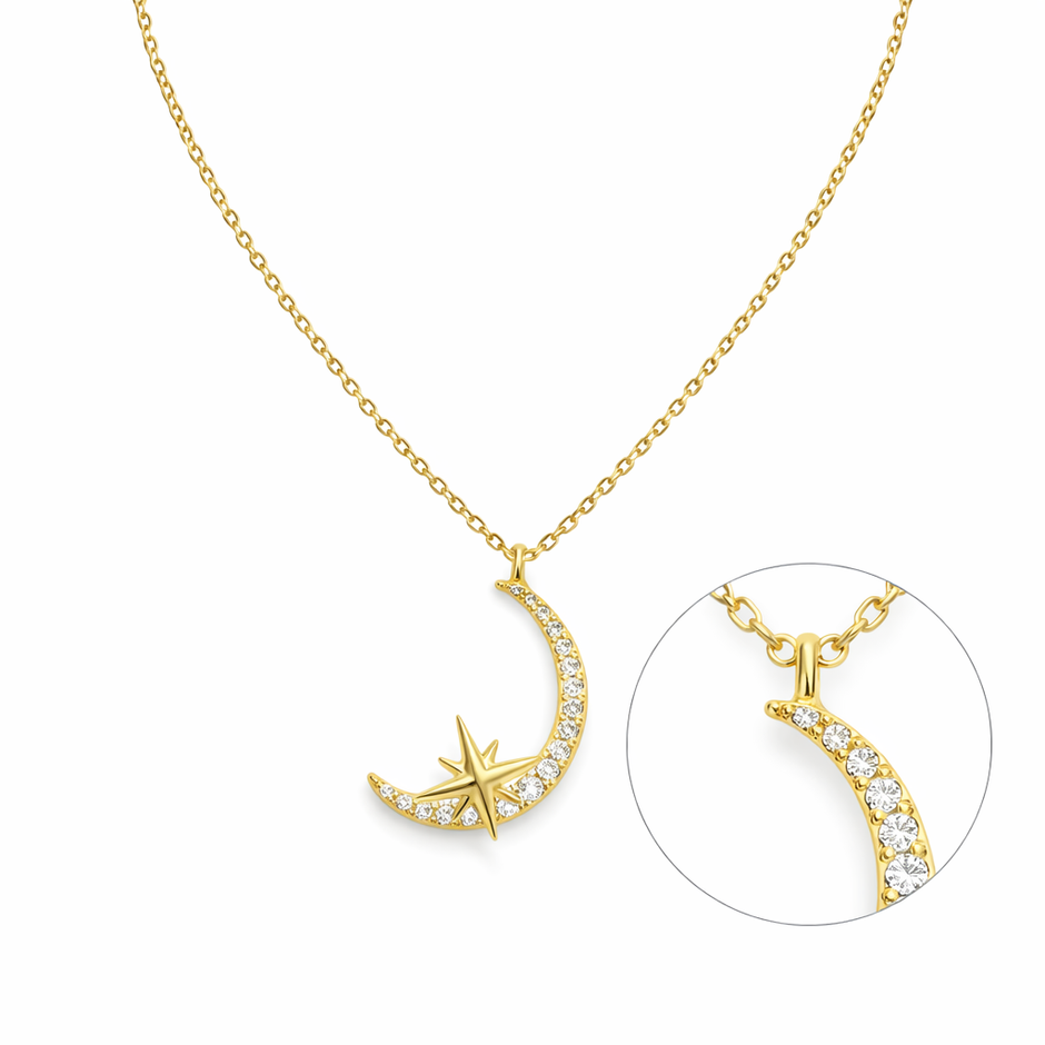 Yellow Gold Crescent Moon Star Pendant Necklace