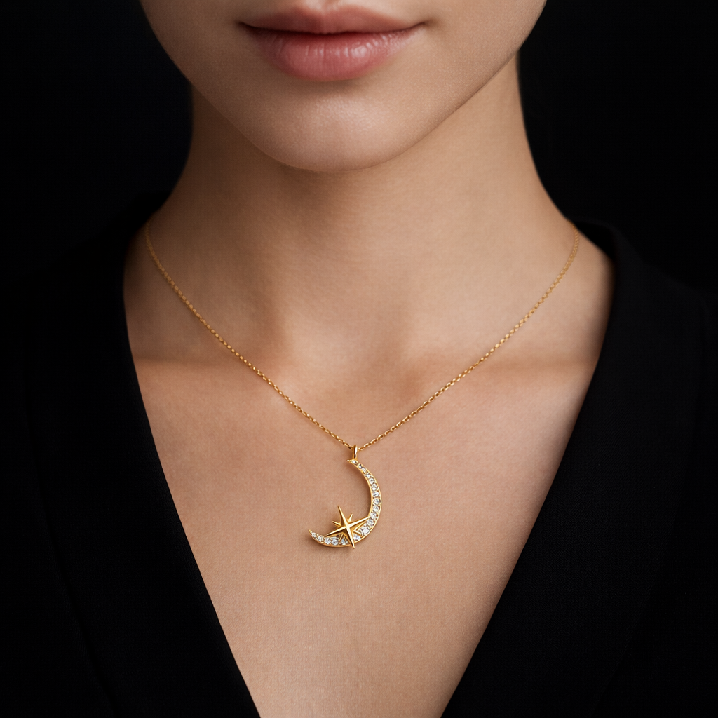 Yellow Gold Crescent Moon Star Pendant Necklace