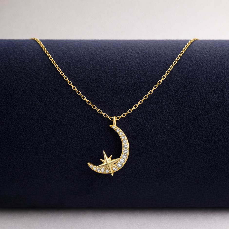 Yellow Gold Crescent Moon Star Pendant Necklace