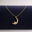 Yellow Gold Crescent Moon Star Pendant Necklace