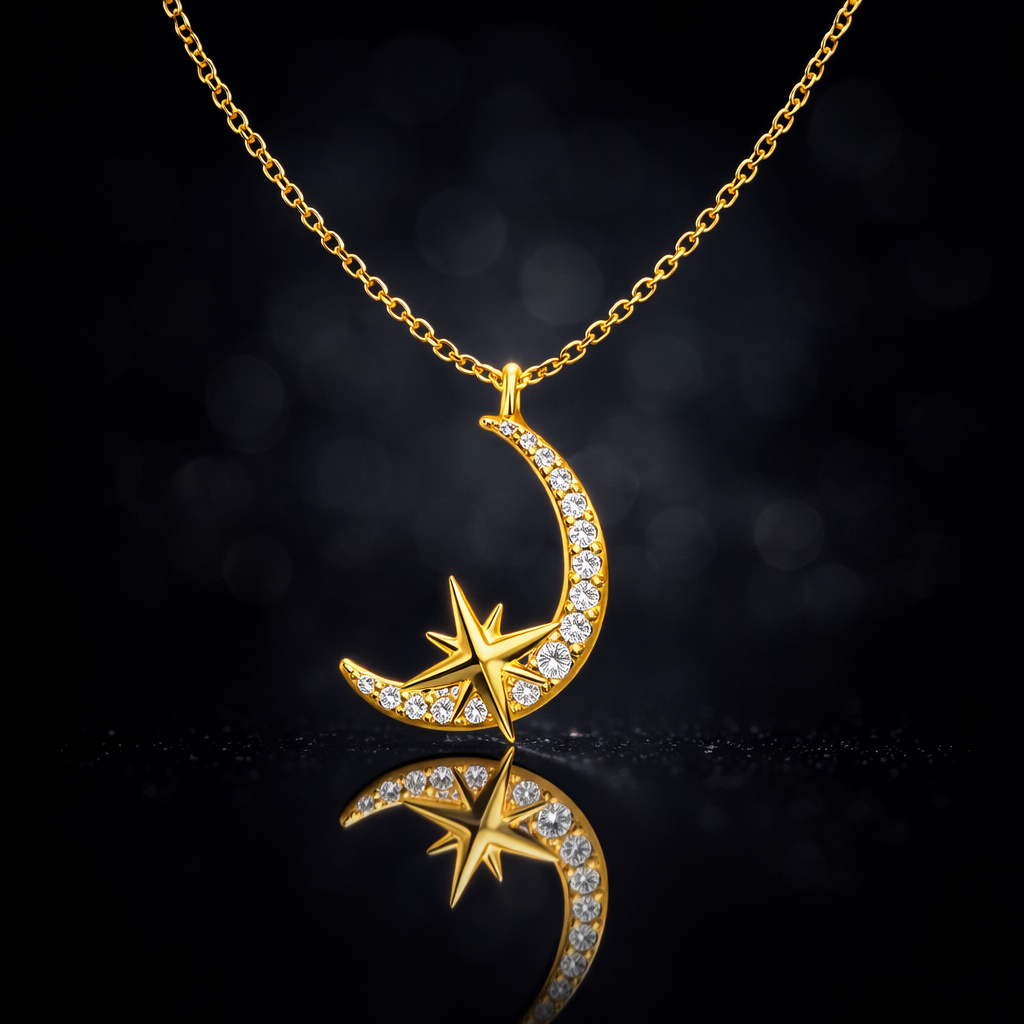 Yellow Gold Crescent Moon Star Pendant Necklace