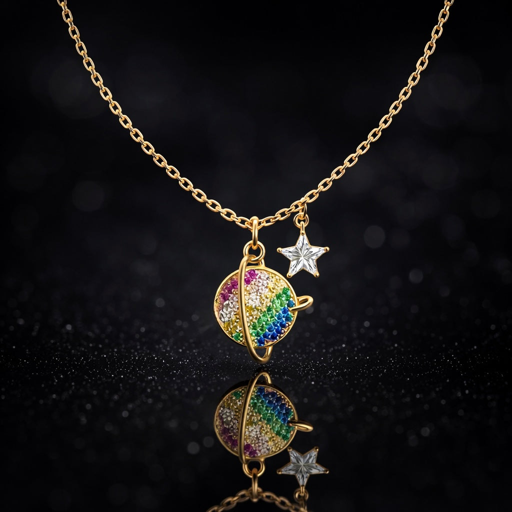 Gold Plated Planet & Star Pendant Necklace