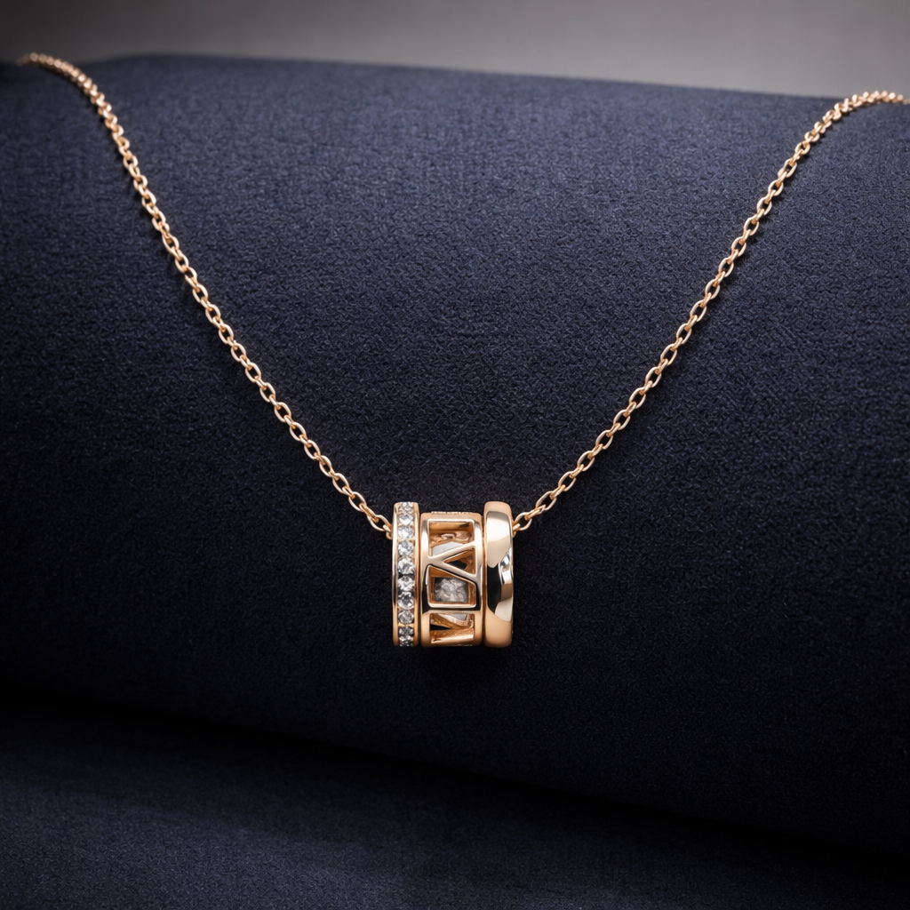 Rose Gold Roman Numeral Barrel Pendant Necklace