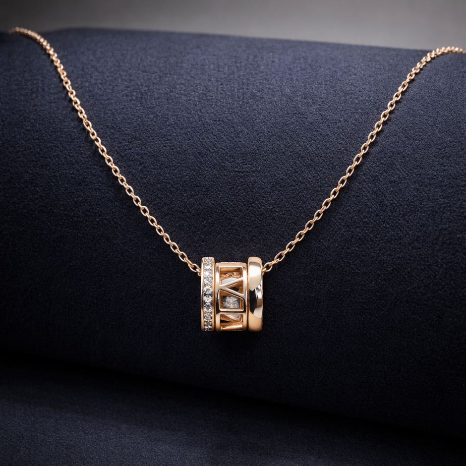 Rose Gold Roman Numeral Barrel Pendant Necklace