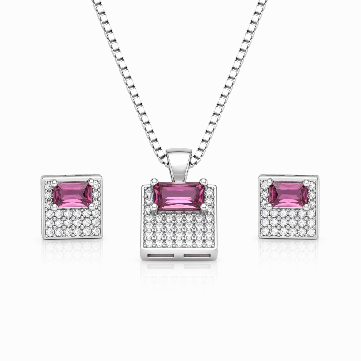 Designer Pink Stone Pendant Set with Chain and Earrings