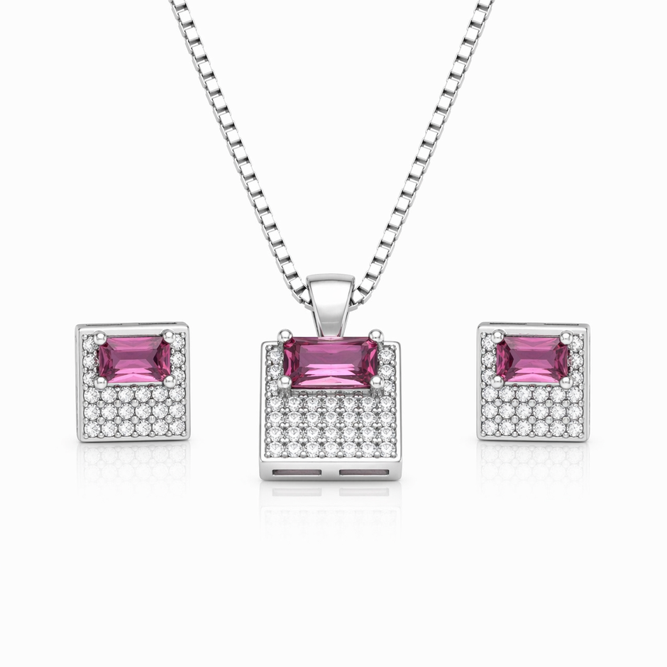 Designer Pink Stone Pendant Set with Chain and Earrings
