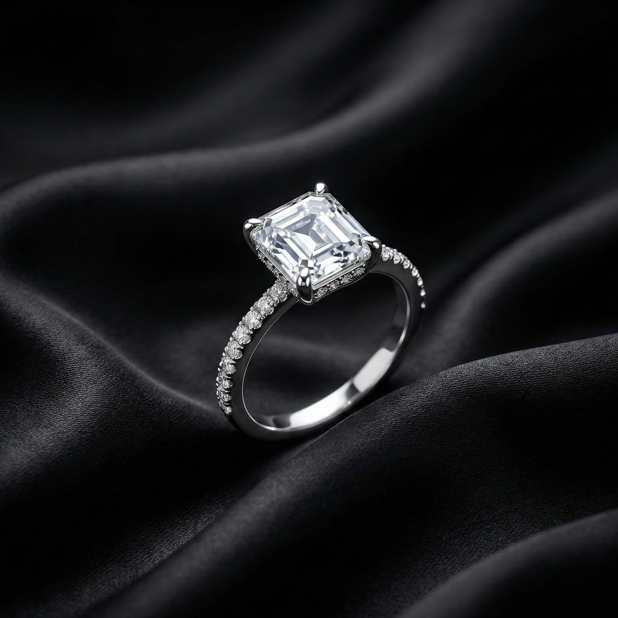 Emerald Cut Solitaire Pave Ring