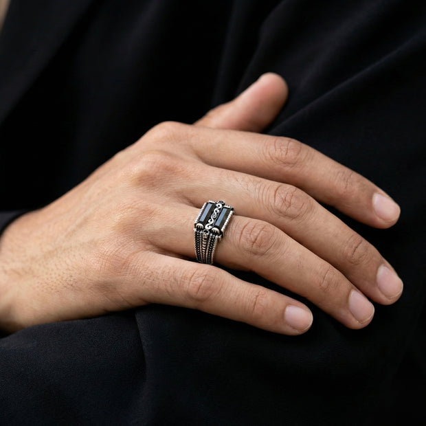 Dual-Onyx Scroll Signet Ring