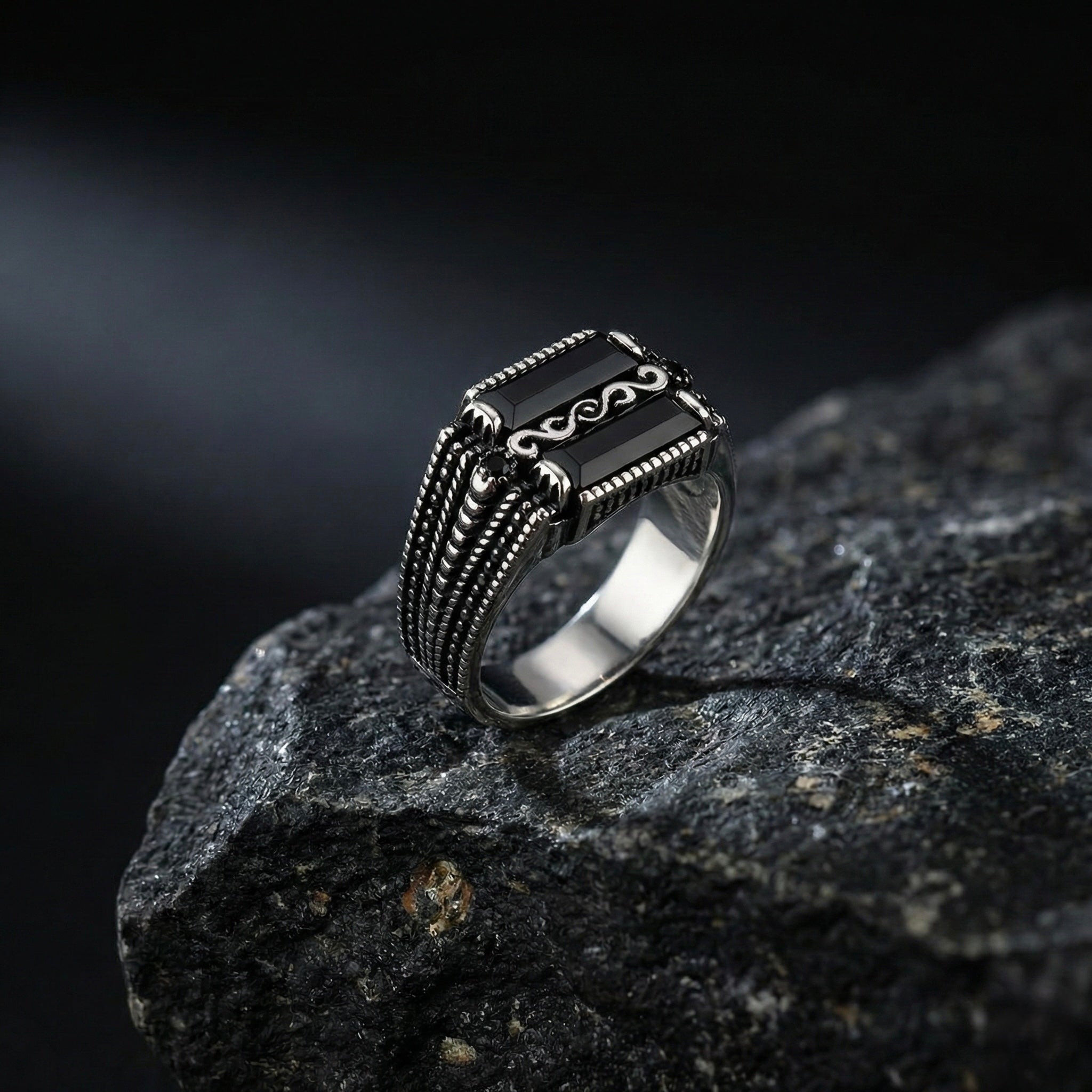 Dual-Onyx Scroll Signet Ring