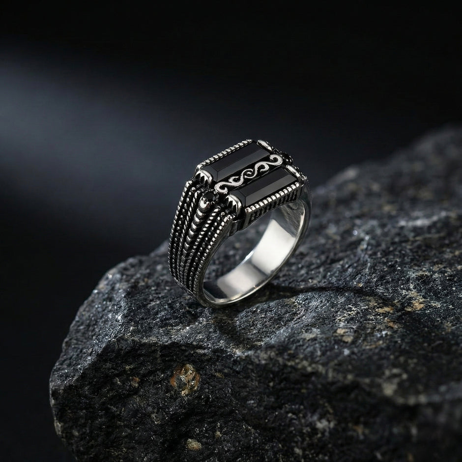 Dual-Onyx Scroll Signet Ring