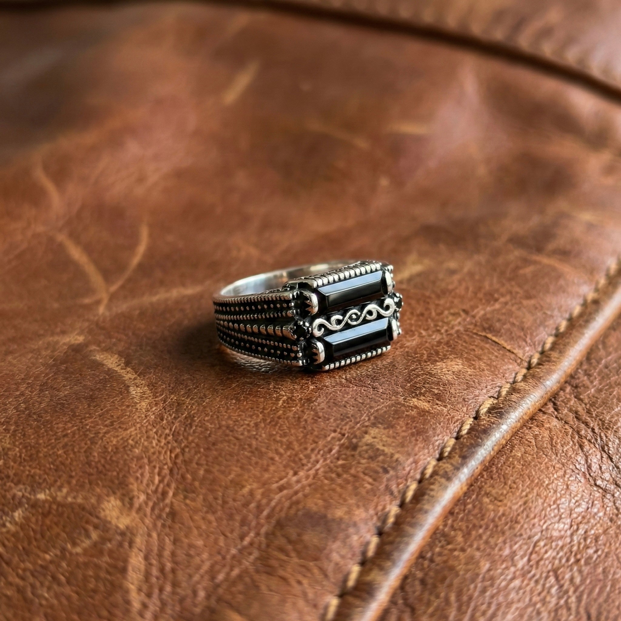 Dual-Onyx Scroll Signet Ring