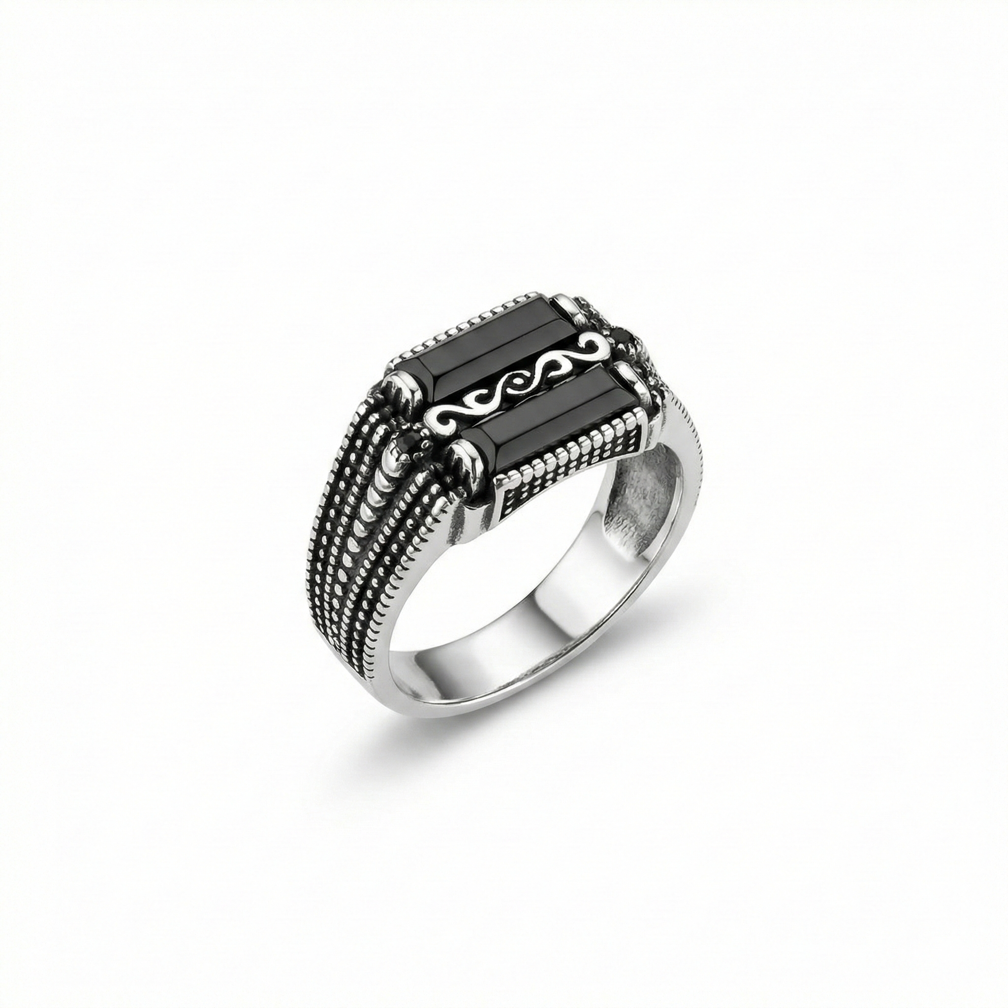 Dual-Onyx Scroll Signet Ring