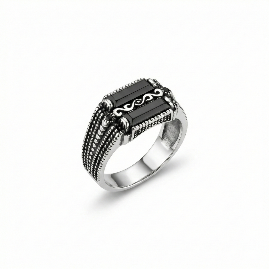 Dual-Onyx Scroll Signet Ring