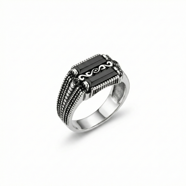 Dual-Onyx Scroll Signet Ring