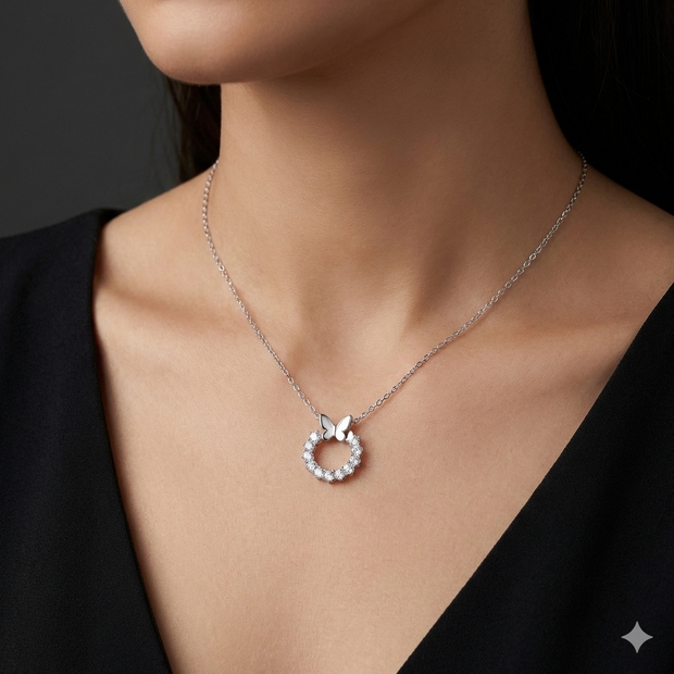 Butterfly Circle Pendant Necklace