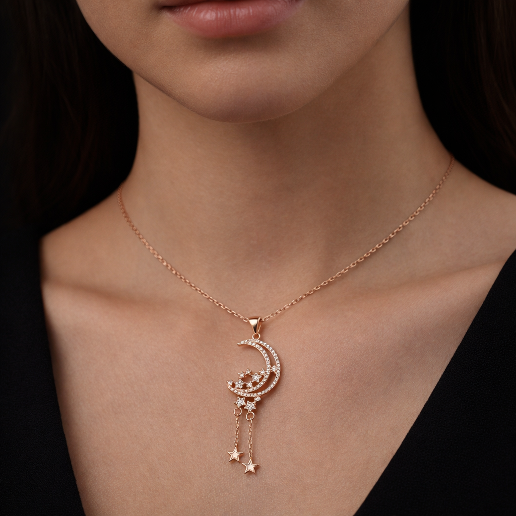 Rose Gold Celestial Crescent Moon Drop Pendant Necklace