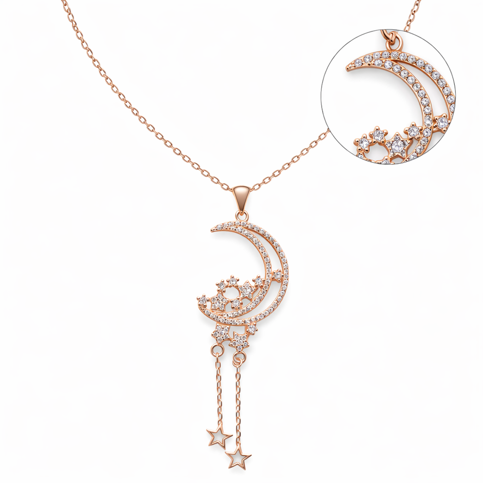 Rose Gold Celestial Crescent Moon Drop Pendant Necklace