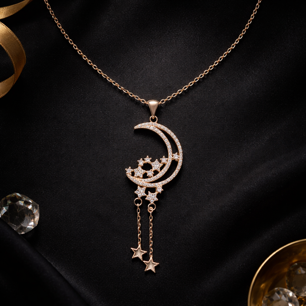 Rose Gold Celestial Crescent Moon Drop Pendant Necklace
