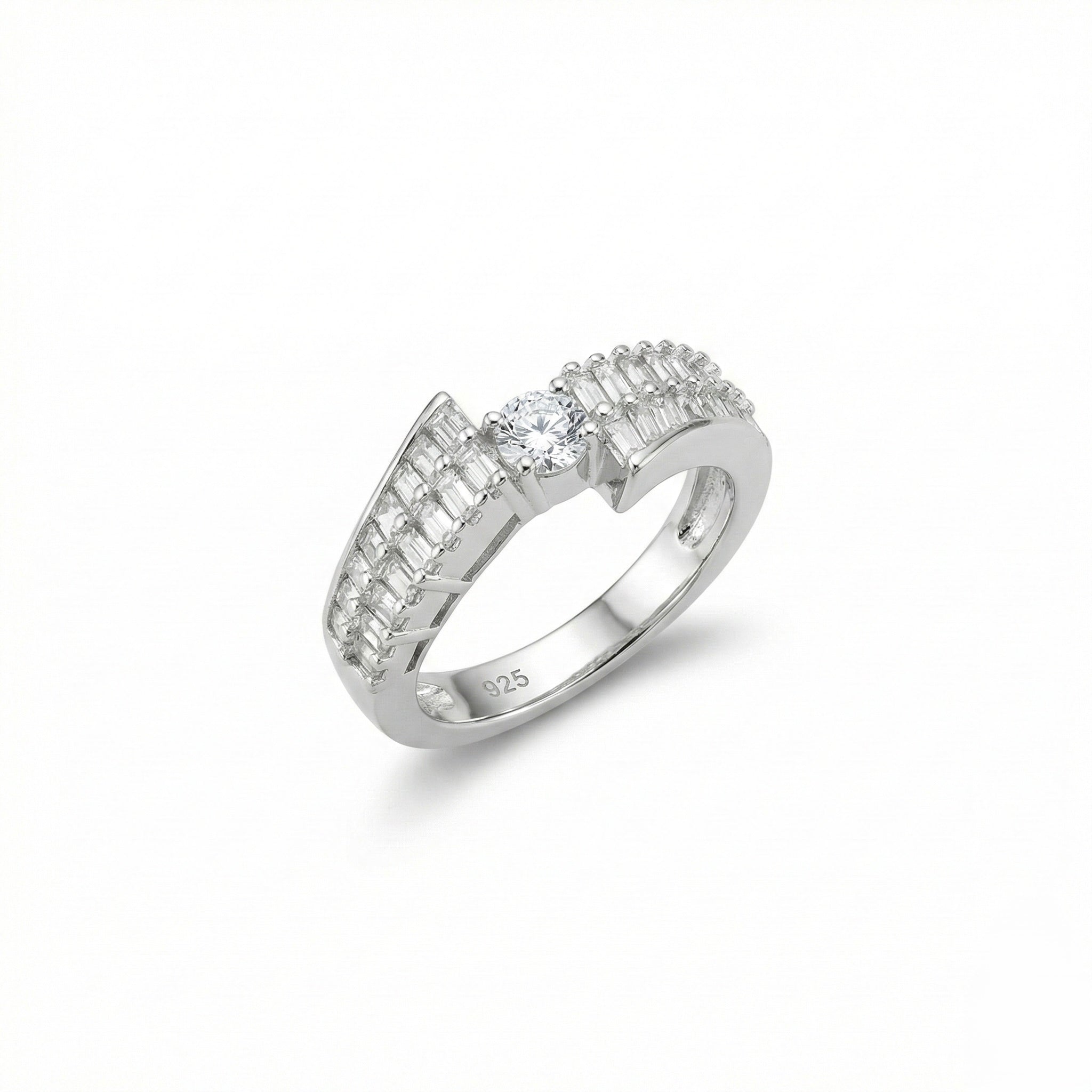Baguette Side Round Center Silver Ring