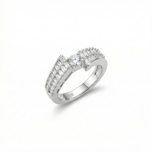 Baguette Side Round Center Silver Ring