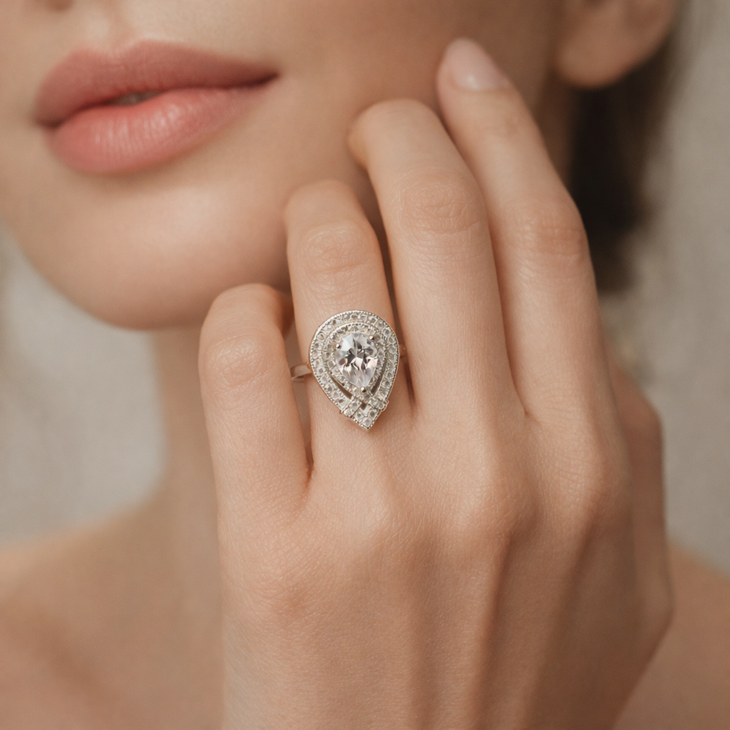Pear Halo Double Frame Silver Ring