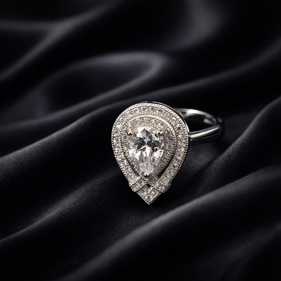 Pear Halo Double Frame Silver Ring