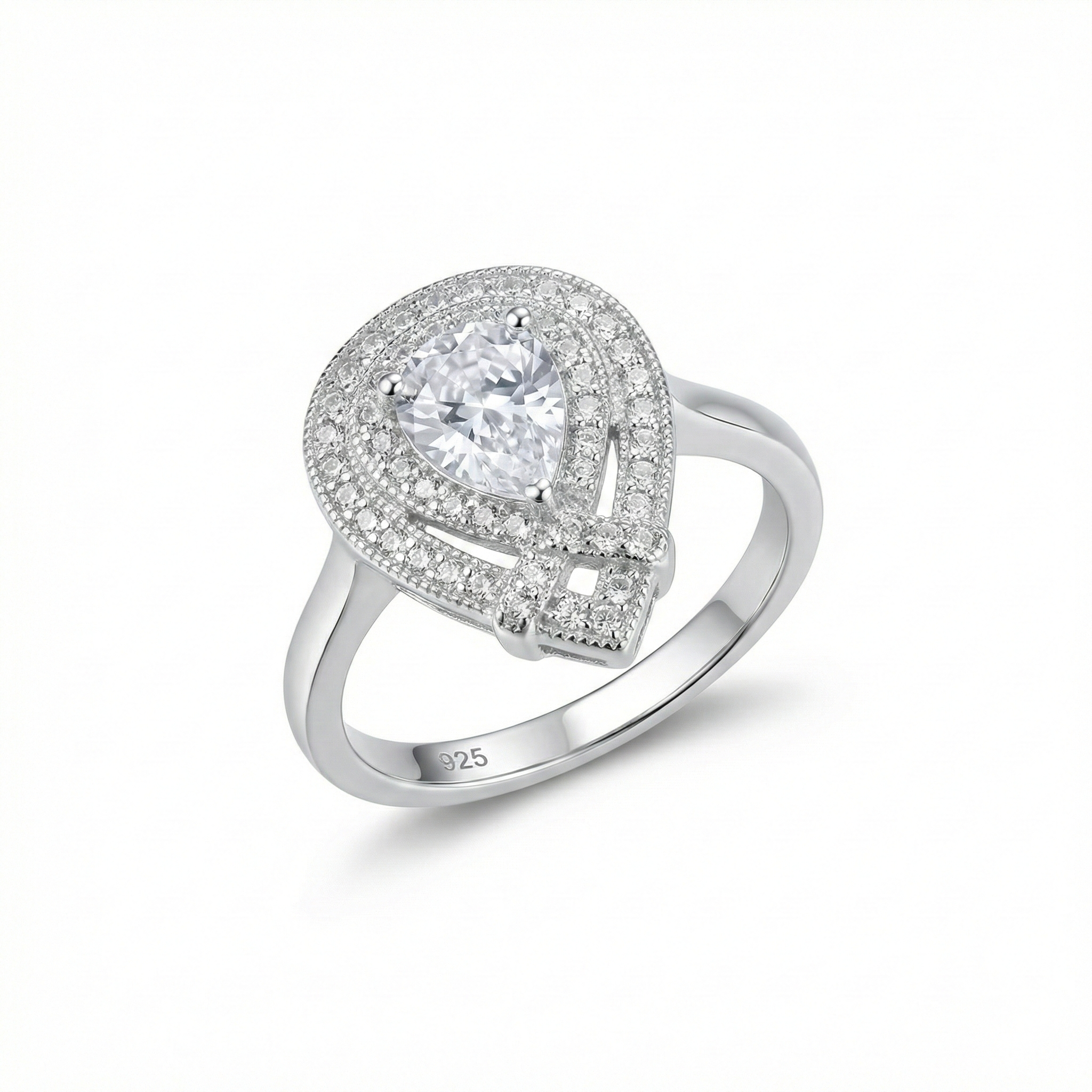 Pear Halo Double Frame Silver Ring