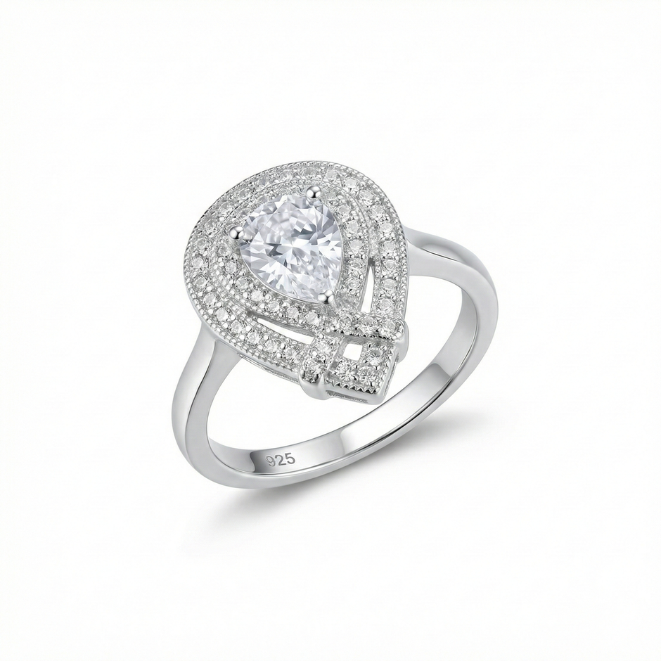 Pear Halo Double Frame Silver Ring