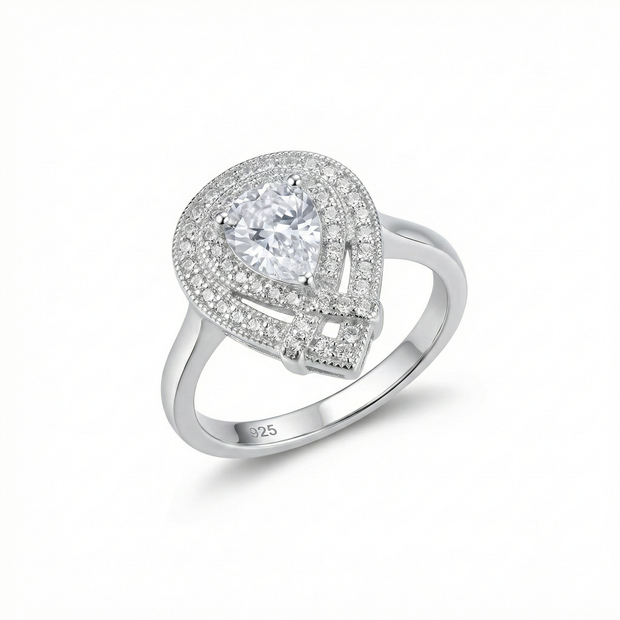 Pear Halo Double Frame Silver Ring