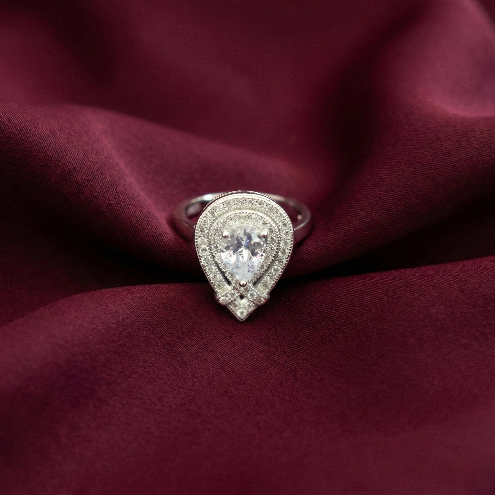 Pear Halo Double Frame Silver Ring