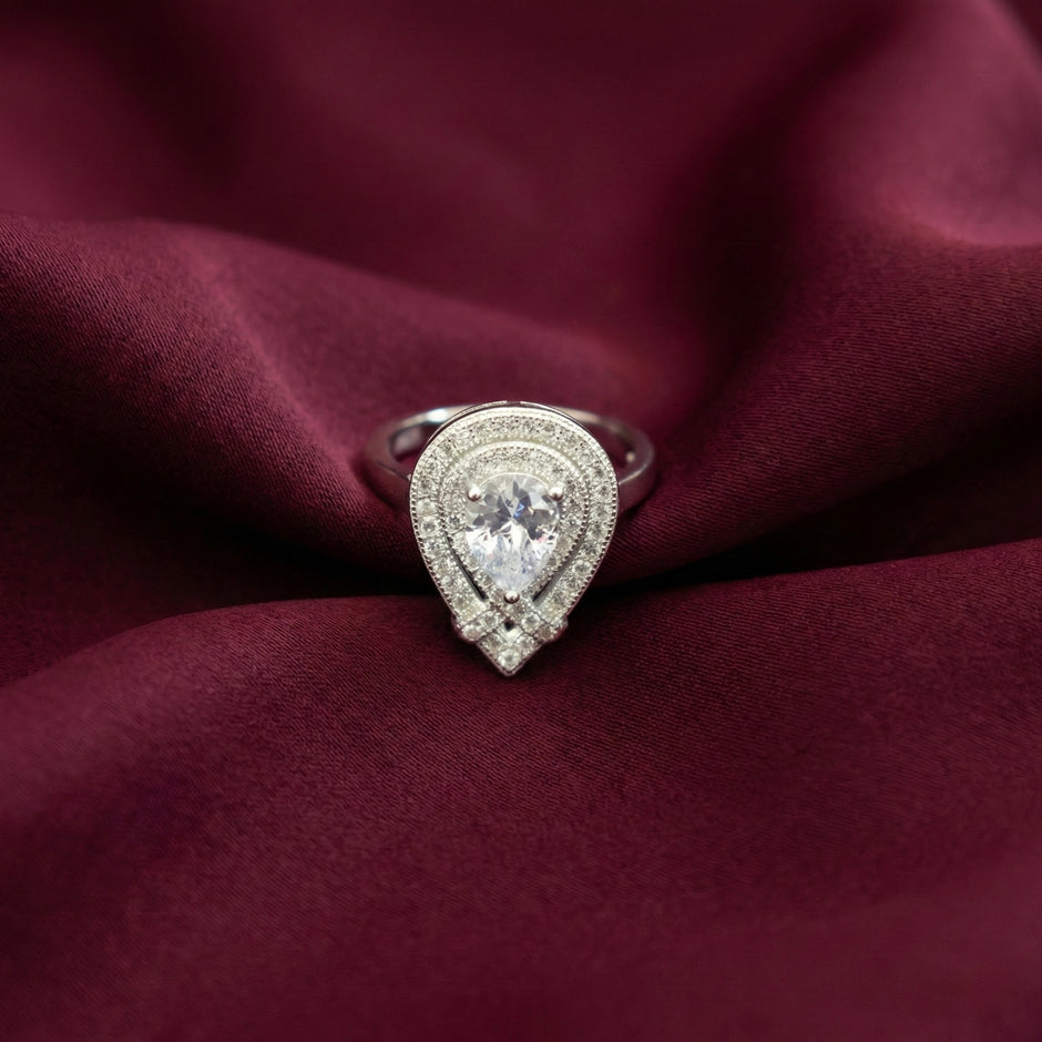 Pear Halo Double Frame Silver Ring