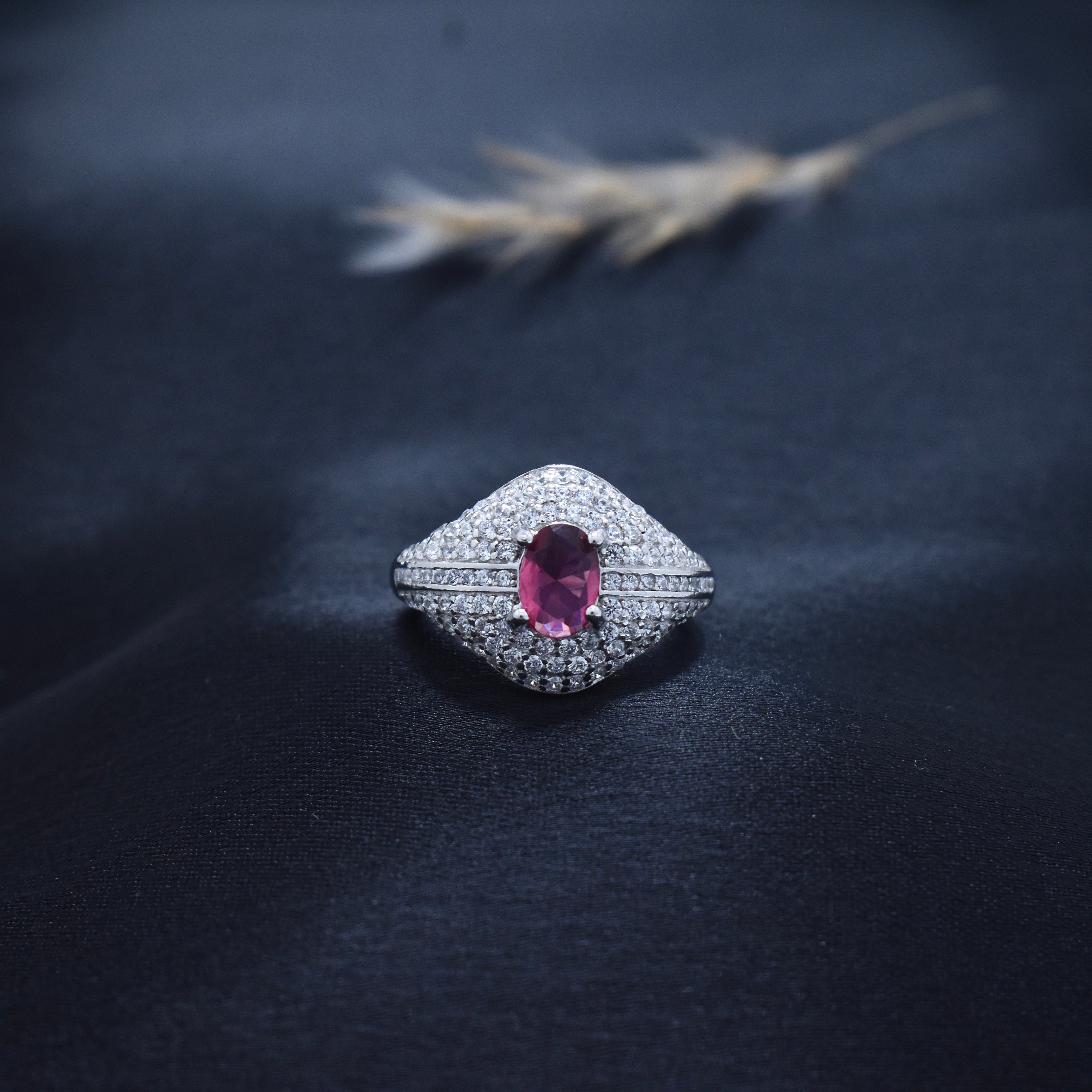 Luxury Oval Ruby Color Pavé Silver Ring