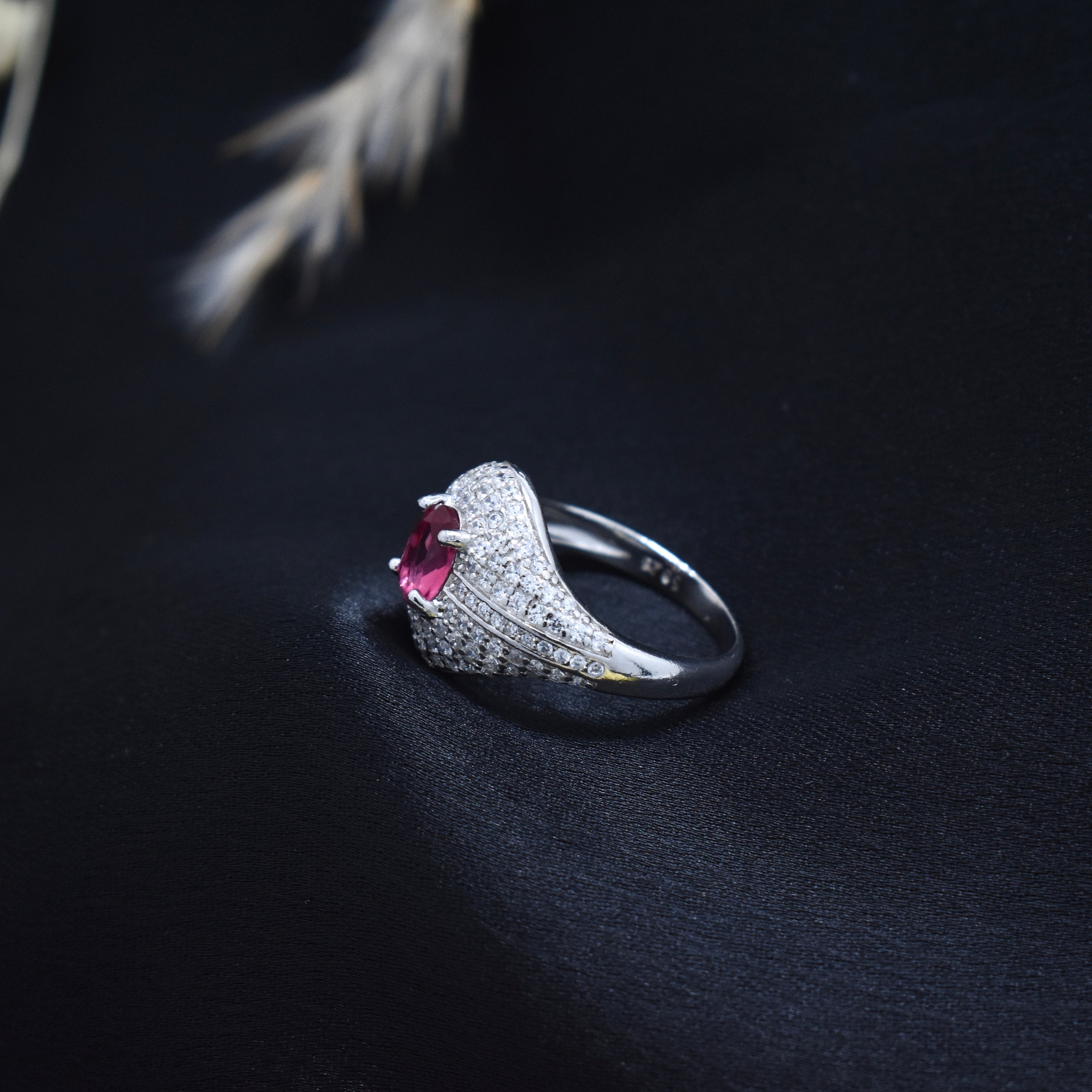 Luxury Oval Ruby Color Pavé Silver Ring