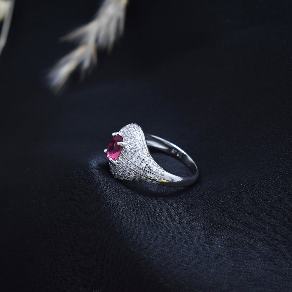 Luxury Oval Ruby Color Pavé Silver Ring