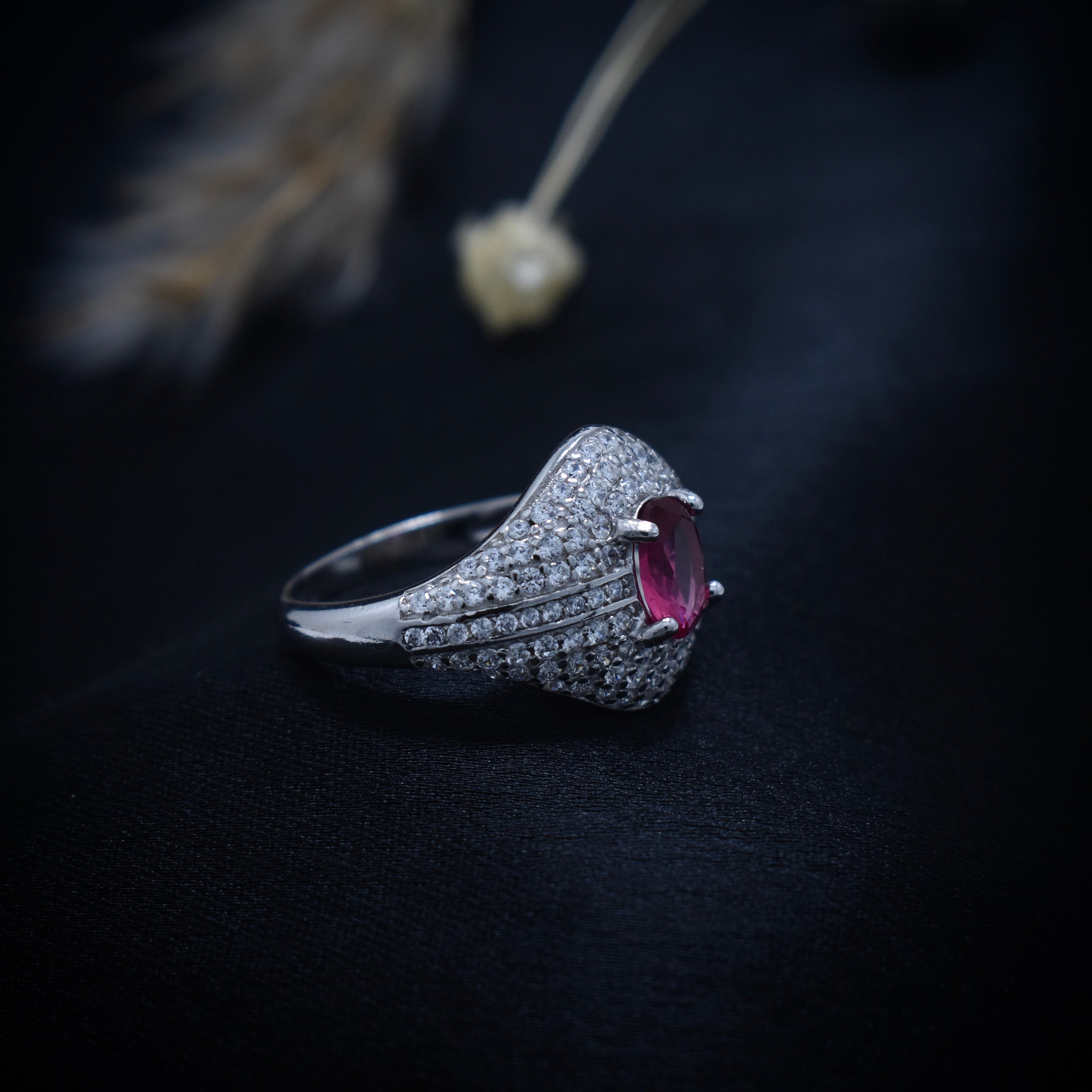 Luxury Oval Ruby Color Pavé Silver Ring