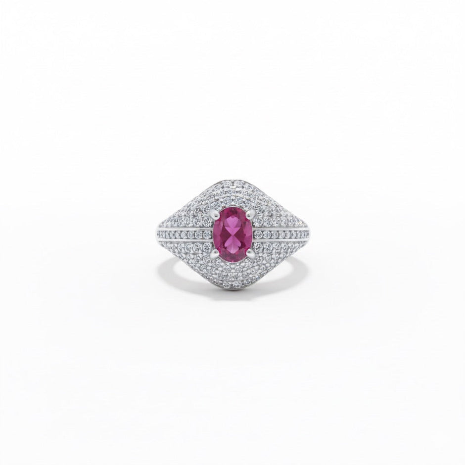 Luxury Oval Ruby Color Pavé Silver Ring