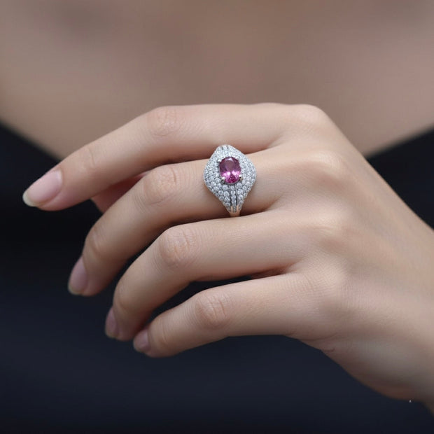 Luxury Oval Ruby Color Pavé Silver Ring